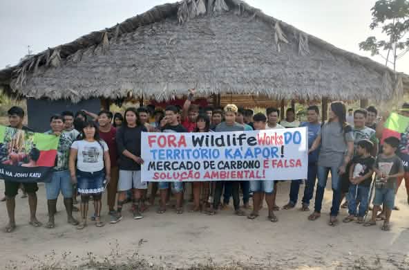 Più di 30 indigeni Ka'apor si trovano davanti a una casa tradizionale con pilastri di legno e tetto di paglia. Le persone reggono uno striscione di protesta che recita: "Wildlife Works fuori dal territorio Ka'apor! Il mercato del carbonio è un falso sole
