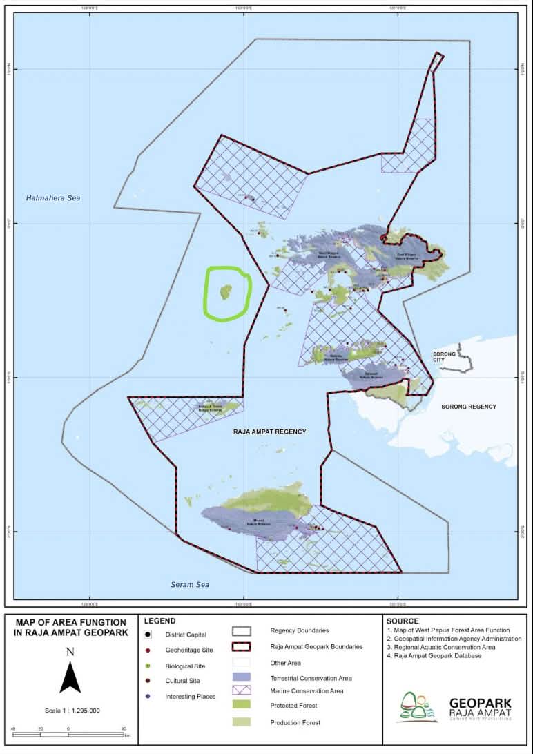 L'isola di Gag, contrassegnata in verde, si trova al di fuori dei confini del geoparco, contrassegnati in viola Mappa del geoparco Raja Ampat