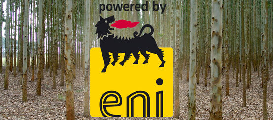 Fotomontaggio: piantagione di eucalipto con il logo Eni