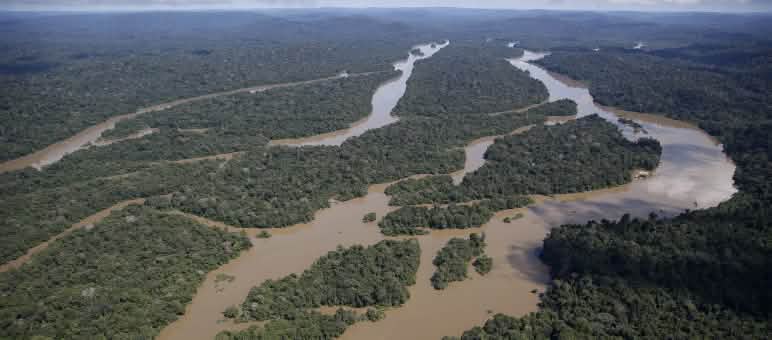 Il fiume Jamanxim si snoda nella foresta pluviale dello Stato di Pará. Veduta aerea del paesaggio fluviale della foresta amazzonica