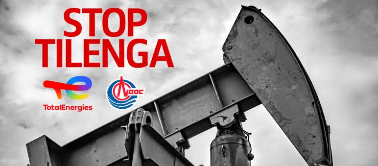 Stop al progetto Tilenga in Uganda. Collage: pozzo petrolifero e logo di TotalEnergies Immagine in bianco e nero di macchinari per l'estrazione del petrolio, con Stop Tilenga e i loghi a colori di Total Energies e CNOOC in Uganda.