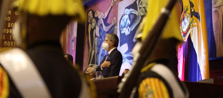 Guillermo Lasso durante la cerimonia per il suo insediamento il 24 maggio 2021. Guillermo Lasso, nuovo presidente dell'Ecuador eletto nel 2021