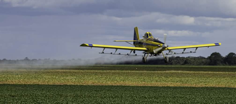 Un campo di soia viene irrorato con pesticidi dall'aria nello stato brasiliano di Maranhão. Un aereo a elica irrora dall'alto un campo di soia con pesticidi.