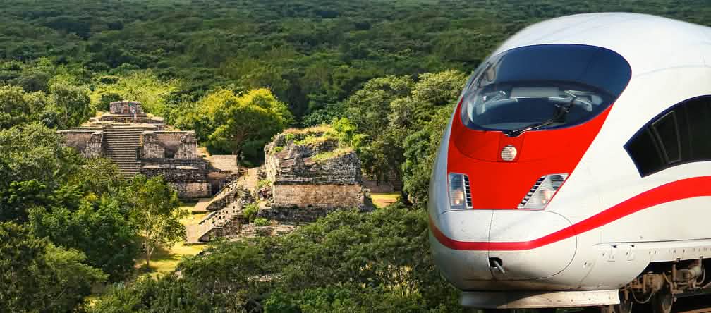 Le comunità indigene rifiutano il mega progetto del Treno Maya Fotomontaggio: Foresta, paesaggio Maya presso le rovine di Ek Balam e un treno