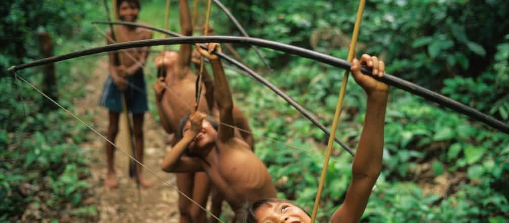 Gli Yanonami sono una delle 240 popolazioni indigene del Brasile (photo : Wikimedia/Cmacauley - CC BY-SA 3.0) Bambini indigeni Yanomami imparano a cacciare