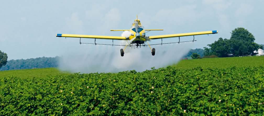Una piantagione di soia viene cosparsa per via aerea di pesticidi Aerei che spruzzano glifosato su un campo di soia