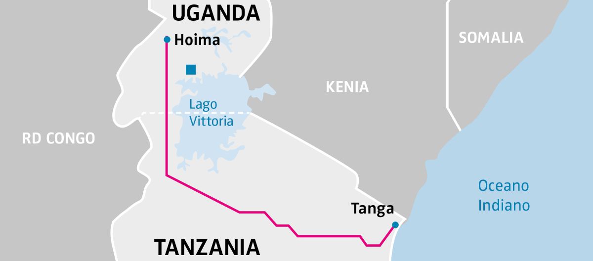 Mappa dell'Uganda e della Tanzania che mostra il percorso dell'oleodotto EACOP in fucsia