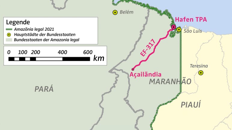 Mappa con l'ubicazione del porto TPA e della ferrovia merci EF-317 per l'Amazzonia legale in Brasile