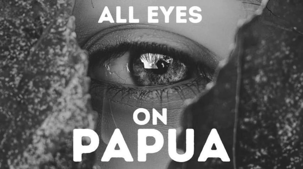 Immagine in bianco e nero di un occhio con la scritta Tutti gli occhi su Papua